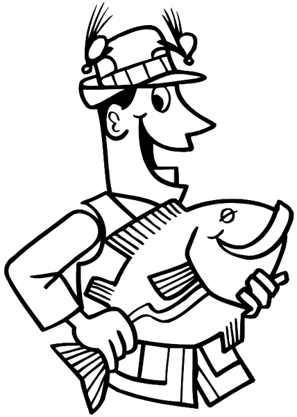 Man holding fat fish vinyl sticker. Customize on line. Fishing 038-0137